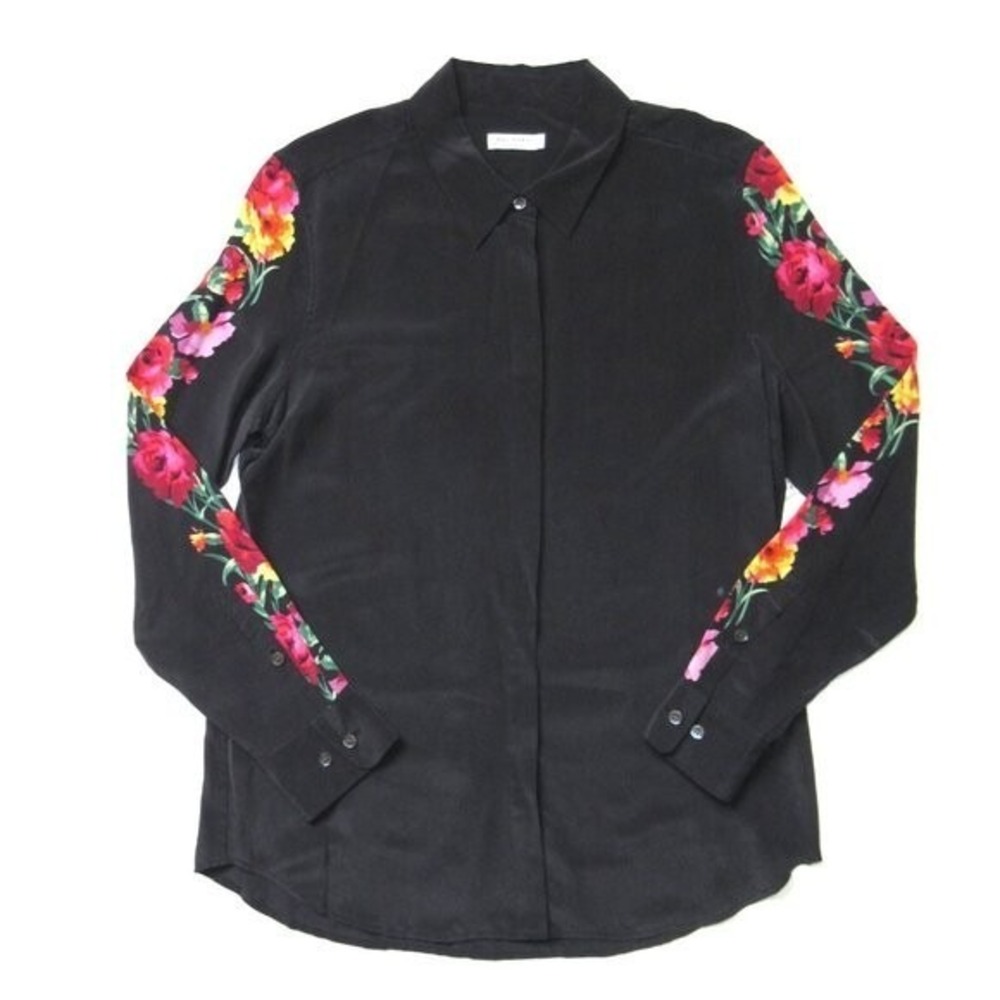 Equipment Earl in Black Contrast Floral Sleeve Silk Button Down Shirt M